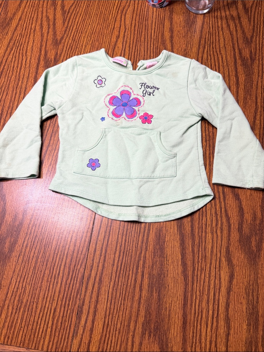 Flower Girl Light Green Long-Sleeve Knit Top with Floral Appliqués